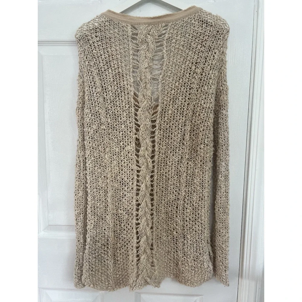 Free People Boho Open Knit Sweater Beige V Neck Beachy Crochet Coastal Top Sz XS